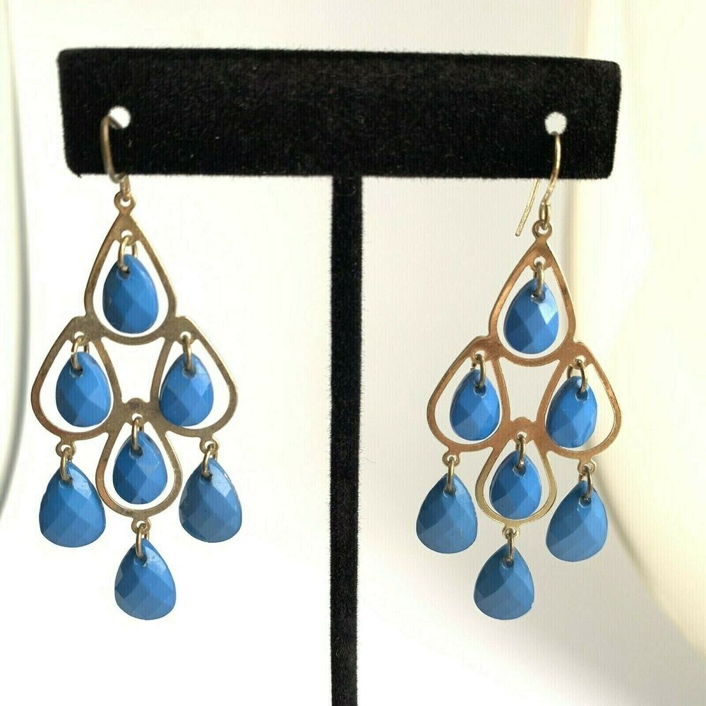 Boho Fashion Cocktail Gold Blue Dangle Drop Earrings LA Boutique Trendy EUC